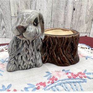 Darling Vintage Ceramic Rabbit and Tree Stump Candle Holder
